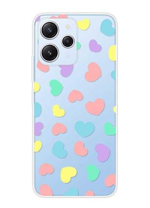 Прозорий чохол на xiaomi redmi 12 :: різнокольорові сердечка (принт 335)