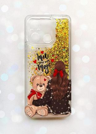 Чехол с плавающими блестками на xiaomi redmi 12c золотой девушка с мишкой (принт 188)