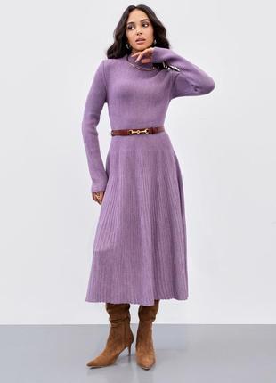 Шерстяное стильное, вязаное, теплое нарядное сиреневое платье плиссе2 фото