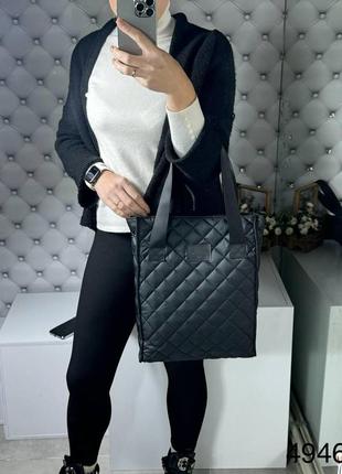 Большая женская сумка шоппер тканевая плащовка стеганая черная7 фото