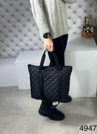 Большая женская сумка шоппер тканевая плащовка стеганая черная9 фото