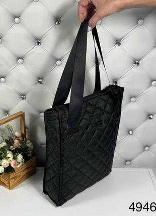 Большая женская сумка шоппер тканевая плащовка стеганая черная2 фото