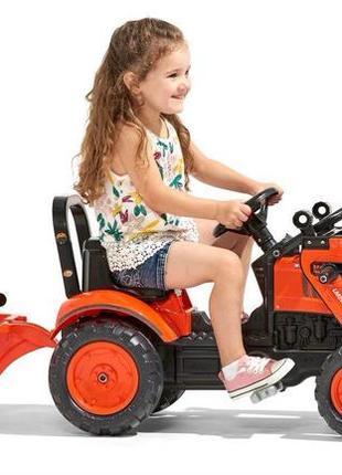Дитячий трактор на педалях з причепом та переднім ковшом falk 2065am kubota (колір - помаранчевий)8 фото