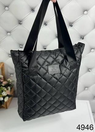 Велика жіноча сумка шопер тканинна плащовка стьобана чорна2 фото