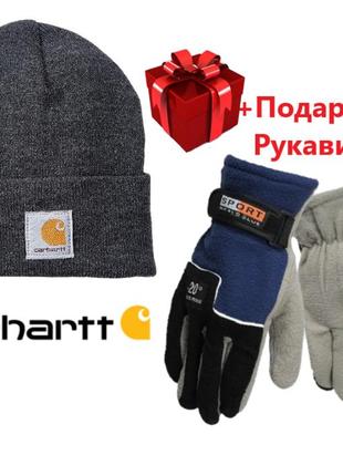 Набор 2в1 шапка зимняя carhartt + перчатки теплые с флисом серая