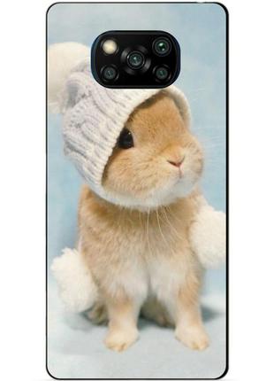 Силиконовый бампер чехол для xiaomi poco x3 с рисунком зайчик в шапке