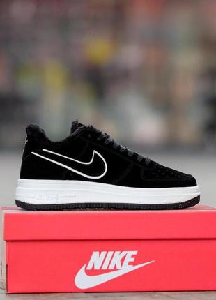 Кросівки на хутрі nike air force winter suede black white / найк аір форсе чорно білі зимові хутро1 фото