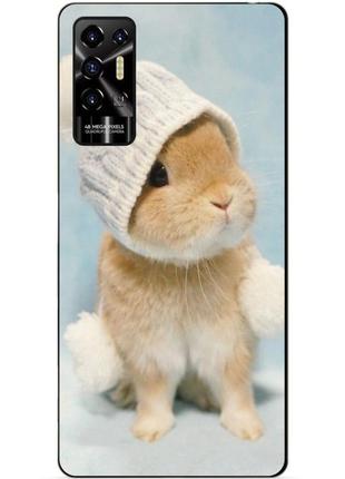Силиконовый чехол бампер для tecno pova 2 с рисунком зайчик в шапке