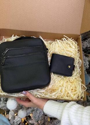 Подарунковий набір luxury box 7 зі шкіри: чоловіча сумка + гаманець2 фото