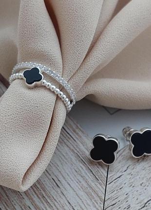 Комплект из серебра серьги и кольцо двойное клевер с черным ониксом и белыми фианитами1 фото