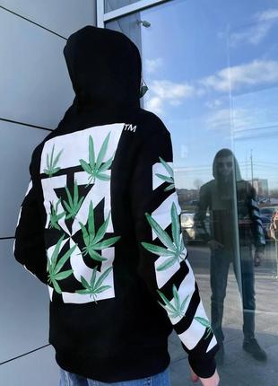 Утеплений худі off-white cannabis black чорний худак офф вайт на флісі3 фото