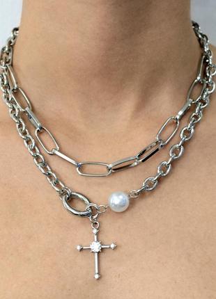 Двойное ожерелье с подвеской крестиком6 фото