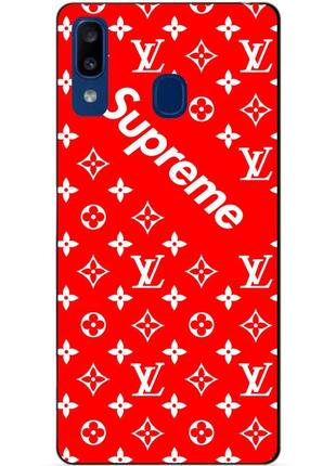 Силиконовый чехол для samsung a20 с рисунком supreme lv на красном фоне