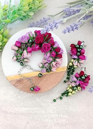 🌹яркий комплект с розами 🌹сережки + браслет 🙌
