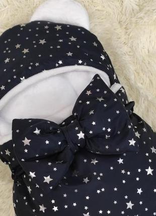 Конверт спальник для новонароджених хлопчиків, синій з глітером срібні зірочки2 фото
