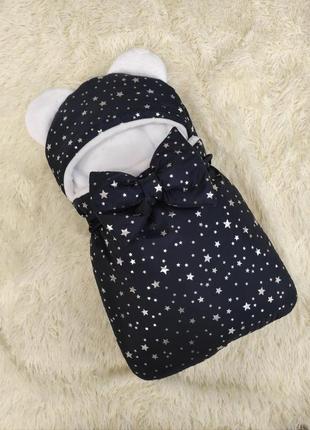 Конверт спальник для новонароджених хлопчиків, синій з глітером срібні зірочки1 фото