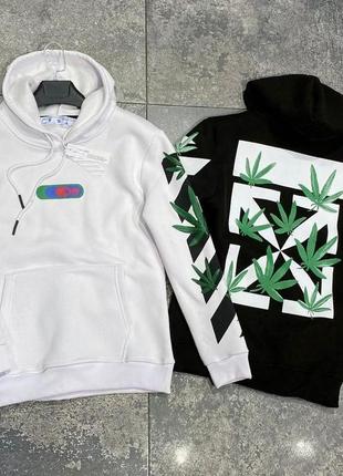 Утеплений худі off-white cannabis white білий худак офф вайт на флісі5 фото