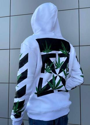 Утеплений худі off-white cannabis white білий худак офф вайт на флісі1 фото