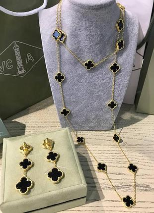 Набір vancleef/ ванкліф чорний у позолоті: довга підвіска та потрійні сережки