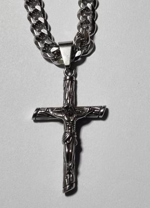 Крест с распятием 50*30*10 мм на цепочке 9 мм кубинского плетения