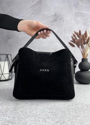 Кожаная женская сумка zara черная женская замшевая сумочка на плечо в подарочной упаковке