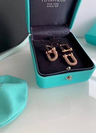 Тиффани heardwear серьги в брендовой упаковке, с цирконием в розовом золоте, люкс качество