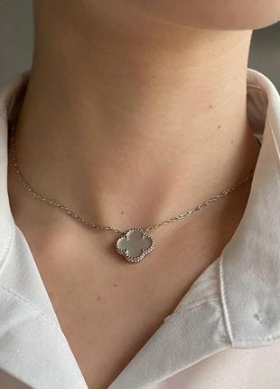 Клевер цепочка подвеска с одним элементом, белый перламутр, посеребрение