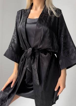 1009 жіночий чорний комплект чорна сорочка і чорний халат домашній одяг сатин