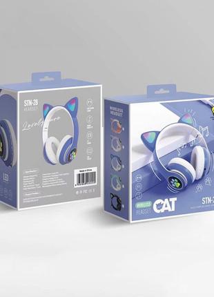 Навушники cat котячі вушка бездротові дитячі led ігрові блютуз котики сині безпроводні8 фото