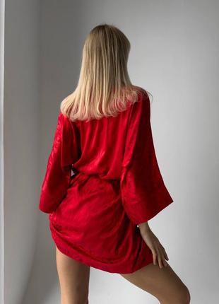 1011 жіночий червоний комплект біла сорочка і червоний халат домашній одяг сатин3 фото