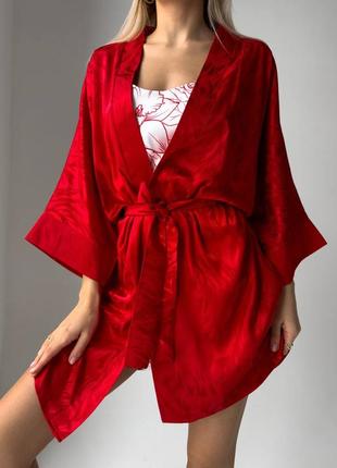 1011 жіночий червоний комплект біла сорочка і червоний халат домашній одяг сатин