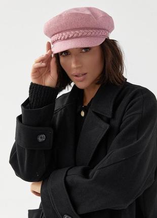 Женская кепи из кашемира с косичкой - розовый цвет, l (есть размеры)