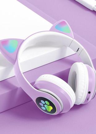 Бездротові навушники з котячими вушками фіолетові великі кошачі ігрові дитячі гарнітура