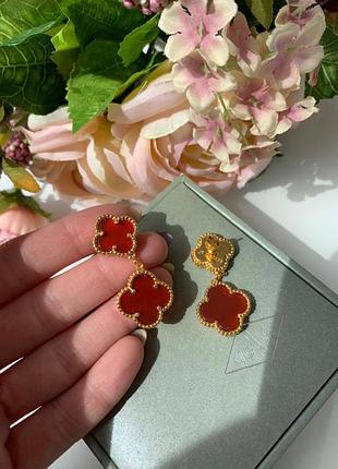 Сережки в стилі ванкліф покриття лимонним золотом, дві конюшини, червоні