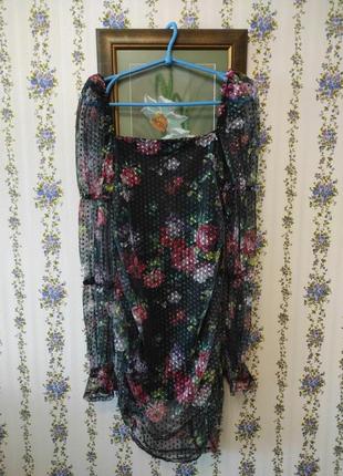 Черное сетчатое мини-платье с длинными рукавами и цветочным принтом asos design8 фото