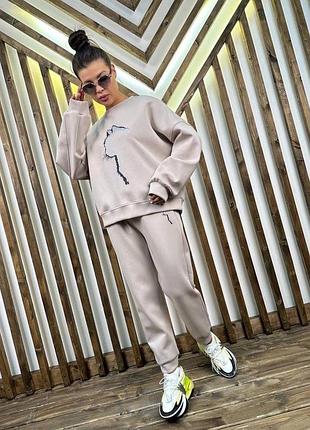Костюм худи с круглым вырезом рукав и низ манжет качественный накат штаны джогеры прямые на резинке карманы манжеты ткань трехнить пенье