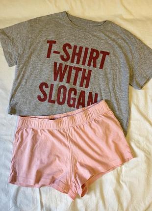 Хлопковая пижама розовые шорты + укороченная футболка primark