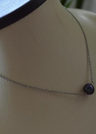 Чокер - ланцюжок срібляста з перлиною "тенеріфе"2 фото