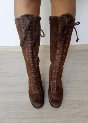 Замшеві високі чоботи на підборах на шнурівці і блискавки, 37 розмір, інді хіпі чобітки