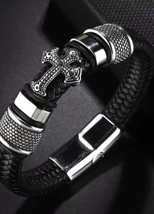 Браслет мужской, 3в1, кожаный браслет-талисман, с крестом предохраняет (резные модели!)