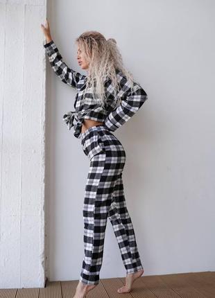 Пижама парная женская черно-белая в клеточку s-3xl хлопковая для сна1 фото