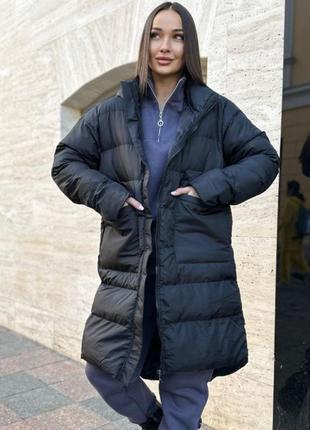 Куртка длинная туречковая зима черная беж с капюшоном1 фото