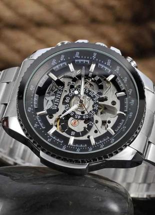 Механические мужские стальные наручные часы с черным циферблатом winner m4284 фото