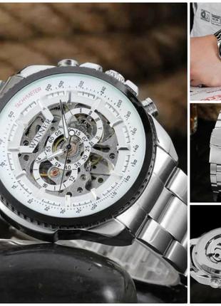 Механические мужские стальные наручные часы с белым циферблатом winner m428