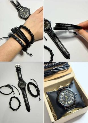 Годинник чоловічий наручний кварцовий колір чорний у комплекті з браслетами 3 шт. у подарунковій коробці10 фото