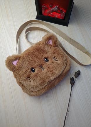 Сумка-котик коричнева через плече плюшева іграшка текстиль кіт