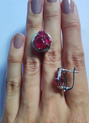Яркие серебряные сережки с натуральным рубином круглые крупные женские серьги из серебра с разными камнями4 фото
