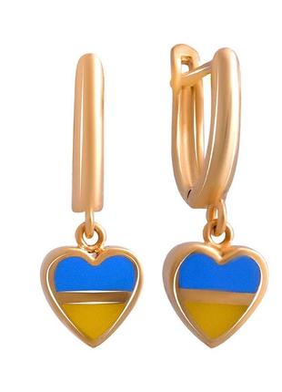 Патриотические золотые сережки подвески сердца желто синие женские серьги из золота с флагом украины