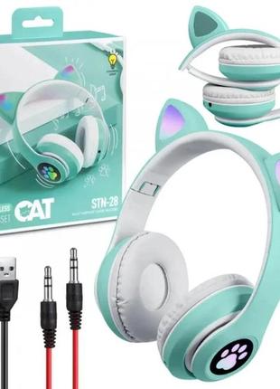 Беспроводные наушники с кошачьими ушками cat stn-28 с микрофоном и fm радио + aux, light green