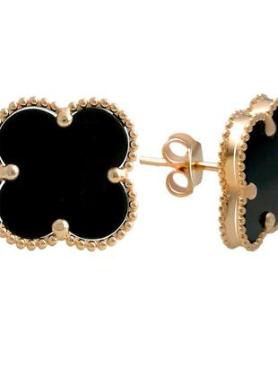Золотые сережки гвоздики пусеты клевер с ониксом натуральным серьги в стиле ванклиф с черным камнем вес 3.99 г1 фото